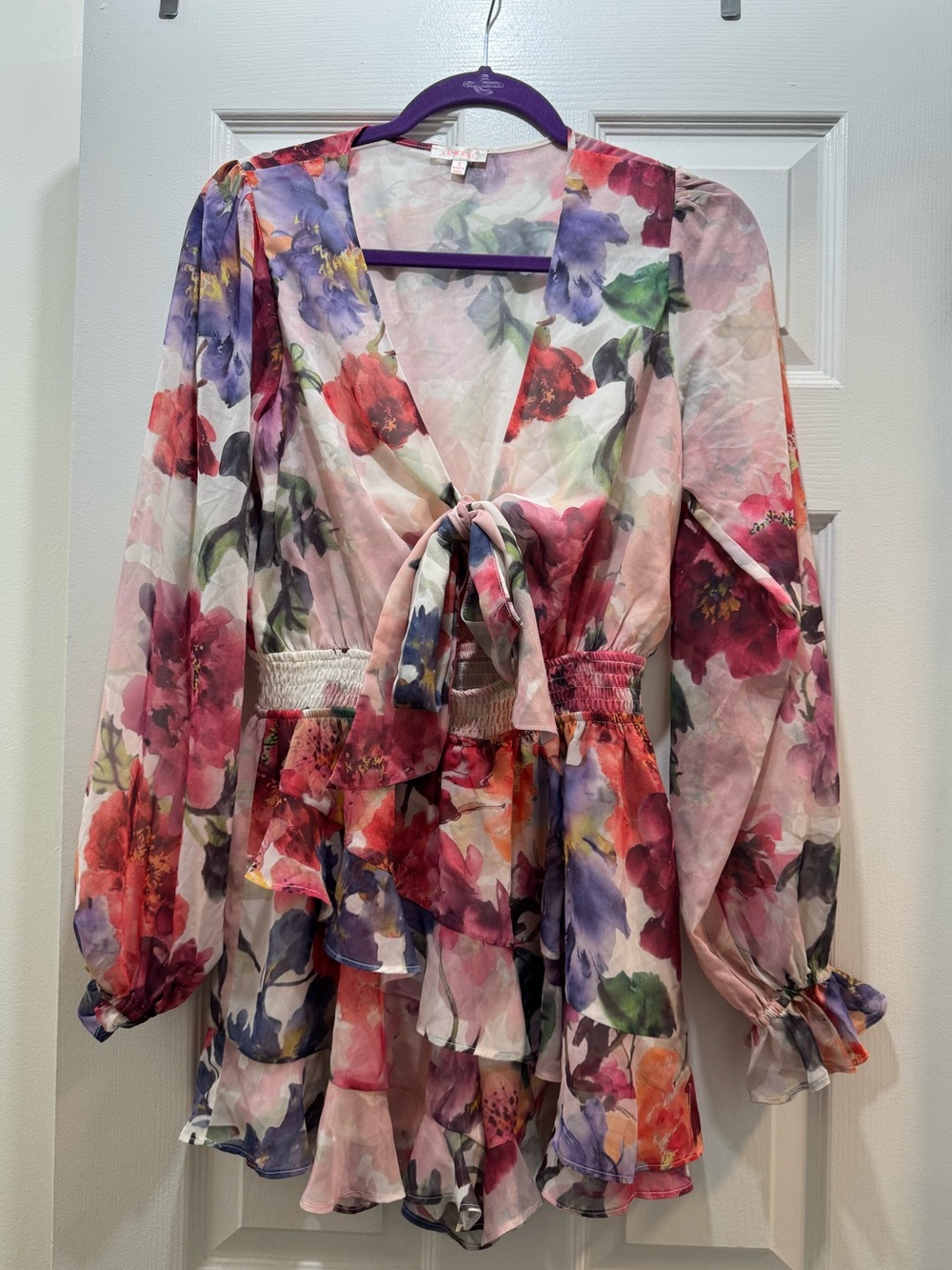 Luxxel Floral Tie-Front Long Sleeve Romper in Pink, Red, Purple, Green